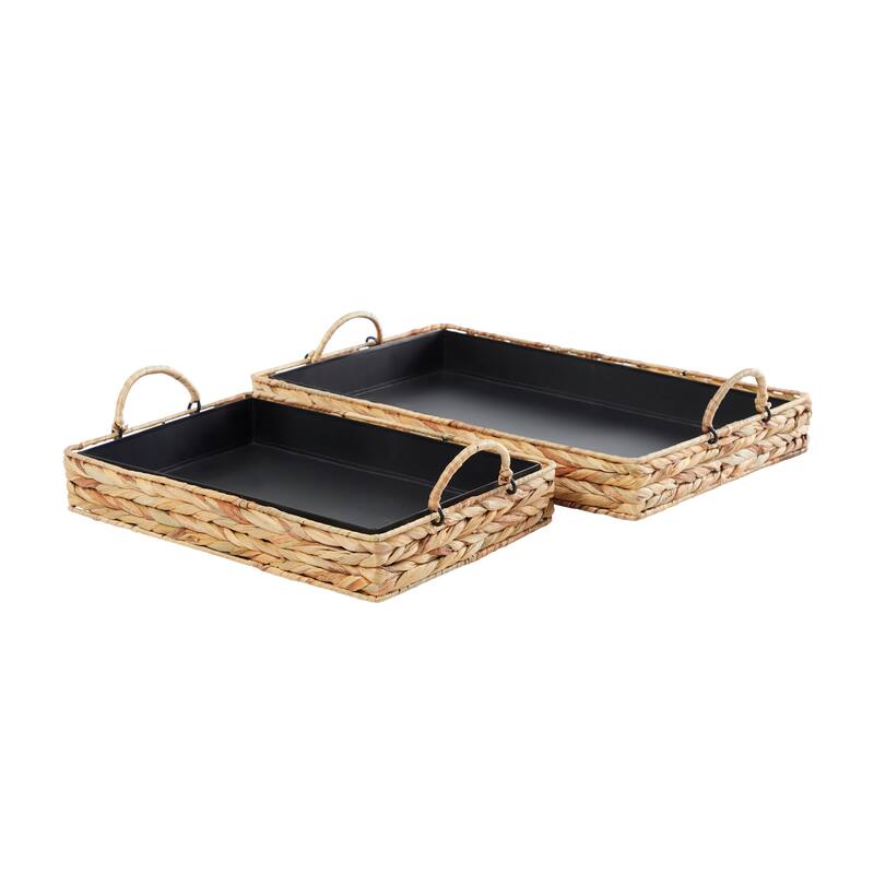Light Brown Seagrass Handmade Nesting Living Room Decor Tray with Black Wood Interiors (Set of 2) - 20", 16"W