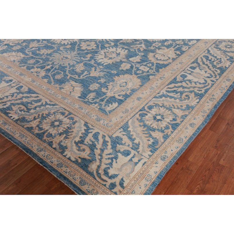 Hand Knotted Oriental 100% Wool Carpet Transitional All-Over Navy Blue & Blues Oushak Area Rug - 13' 11'' X 10' 1''