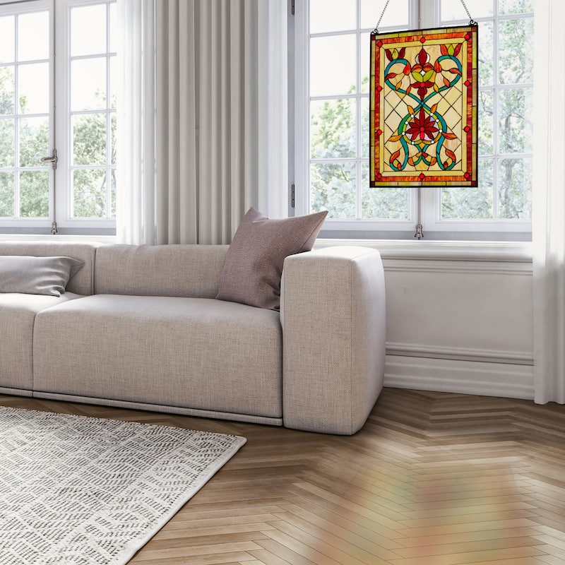 River of Goods Tiffany Style Firey Hearts and Flowers Stained Glass 24-inch Window Panel - 18"L x 0.25"W x 24"H