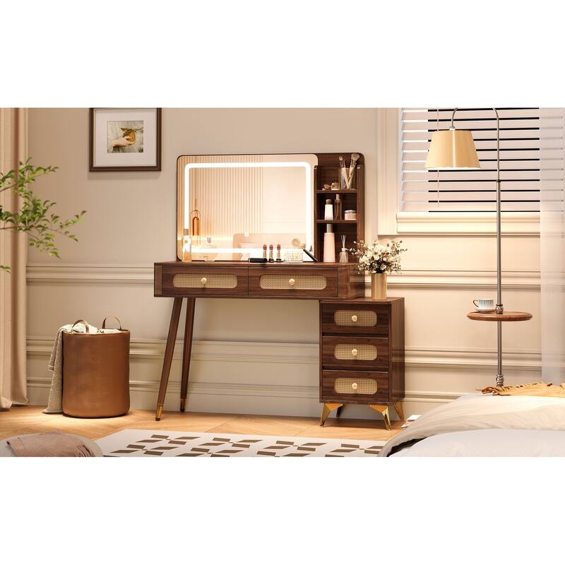 47"Makeup Vanity with Mirror and Lights, Vanity Desk with 5 Drawers and Storage Shelf, 3 Color Modes and Adjustable Brightness
