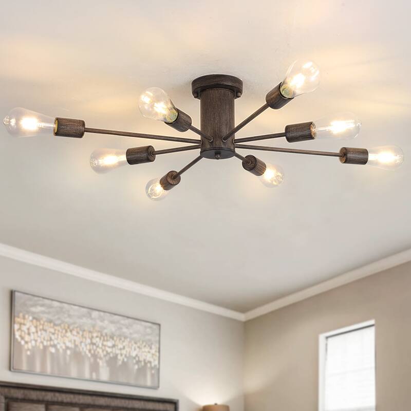 8-Light Sputnik Chandelier, Semi-Flush Mount Ceiling Light with Sputnik Shade for Living Room Kitchen Island Dining Foyer - Brown