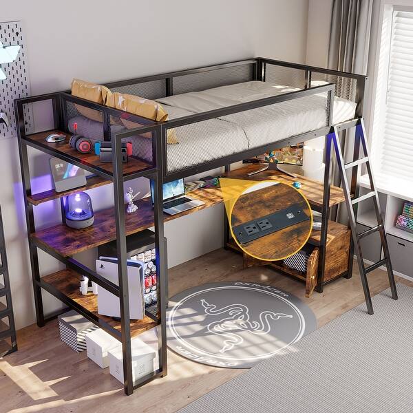 slide 2 of 30, Twin Size Metal Gaming Loft Bed with Built-in Work Station & Storage Shelves, Space-Saving Bed Frame w/LED & Charging Station Black - Twin