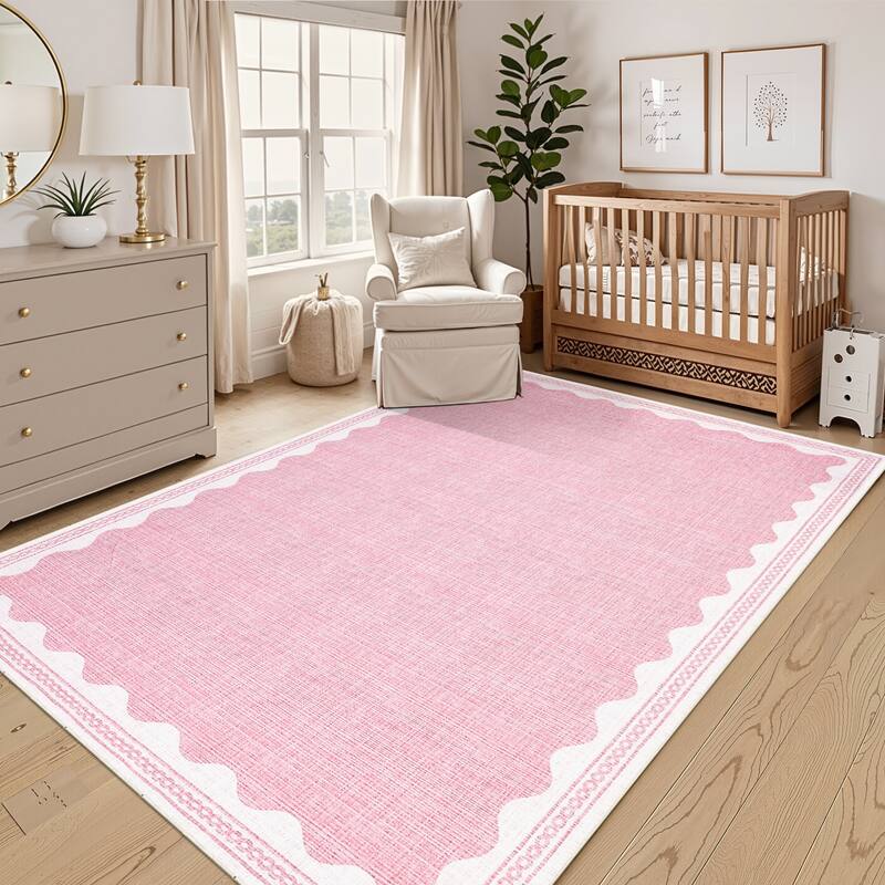 Scalloped Pattern Rugs for Living Room Bedroom Soft Non Slip Low Pile Throw Carpet Washable Foldable Area Rug - 9'x12' - Pink