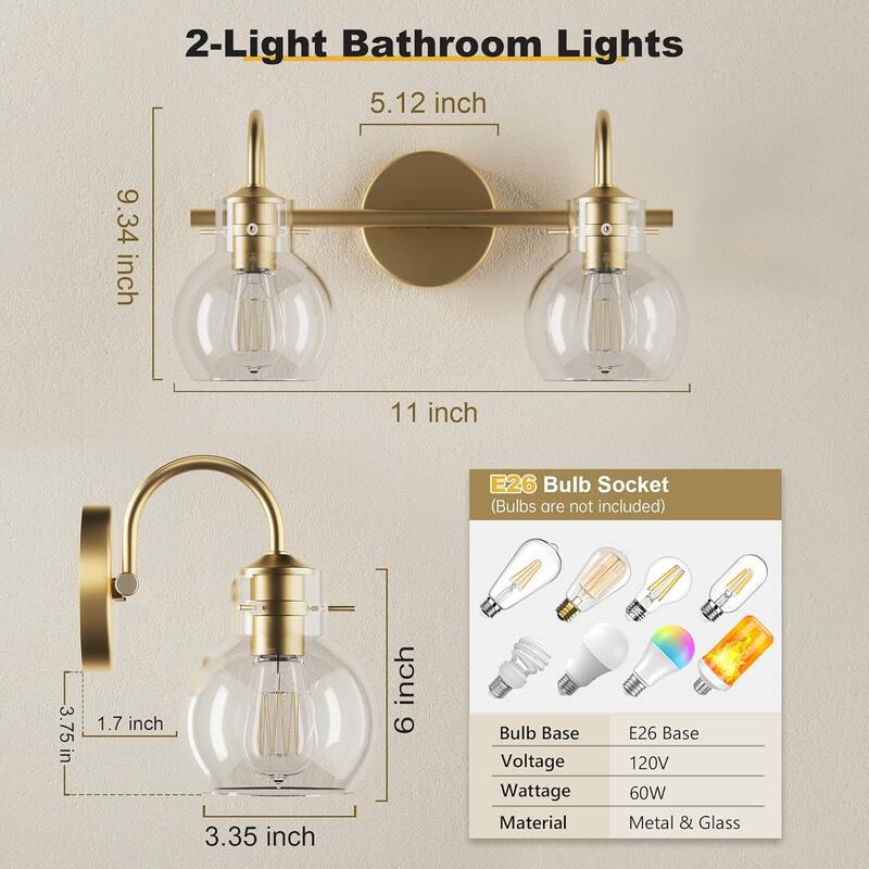 Modern 2/3/4 Bathroom Vanity Lights Clear Globe Glass Shade