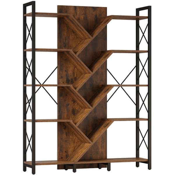 slide 2 of 9, Moasis Wood 5-Tier Large Tree Bookshelf Industrial Open Bookcase Brown