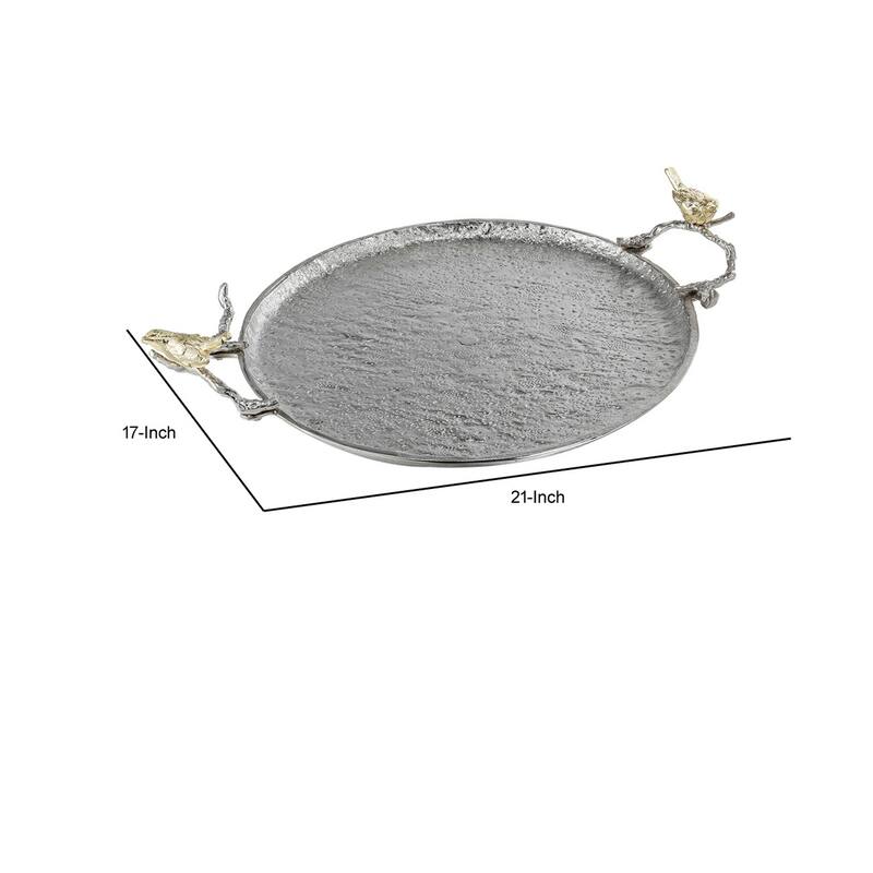 21 Inch Decorative Tray Set of 2, Perched Birds Silver Metal, Large