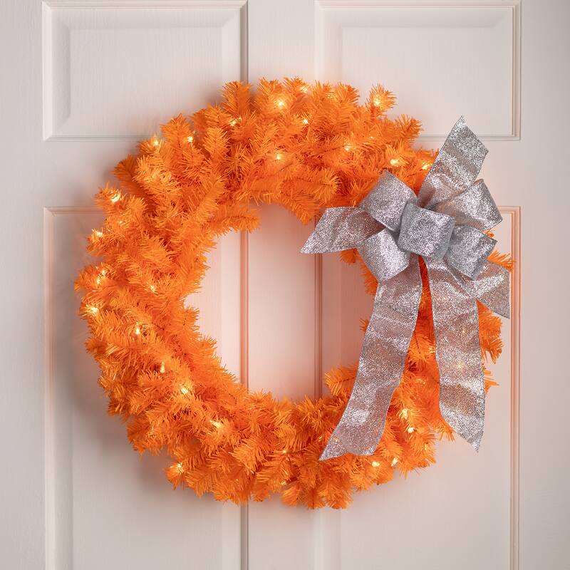 Pre-Lit Artificial Pine Christmas Wreath - 24" - Orange - Clear Lights
