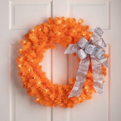 Pre-Lit Artificial Pine Christmas Wreath - 24" - Orange - Clear Lights