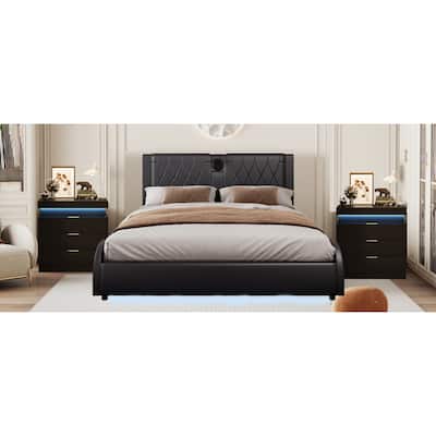 3-Pieces Bedroom Sets Platform Bed Frame with Bluetooth Speakers and RGB LED Light, Nightstands with Charging Station and LED