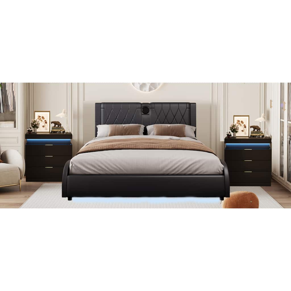 3-Pieces Bedroom Sets Platform Bed Frame with Bluetooth Speakers and RGB LED Light, Nightstands with Charging Station and LED