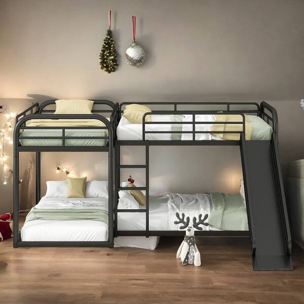 slide 2 of 18, 4 Beds in 1 Kids Bed Full and Twin Size Metal L-Shaped Bunk Bed with Slide and Short Ladder Kids Furniture, Black Black