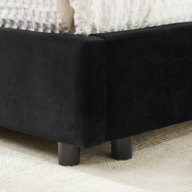 Full Size Upholstered Tufted Daybed, Velvet Fabric Sofa Bed Frame with L Shaped Backrest and Armrests, Wooden Slat Support
