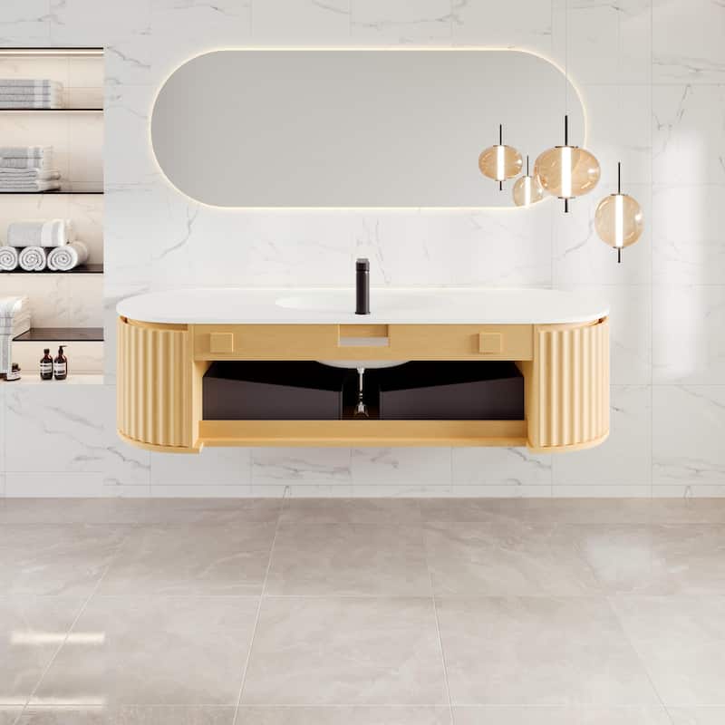 Haven 64"W Oak DS Wallmount Bath Vanity with Integrated Sinks