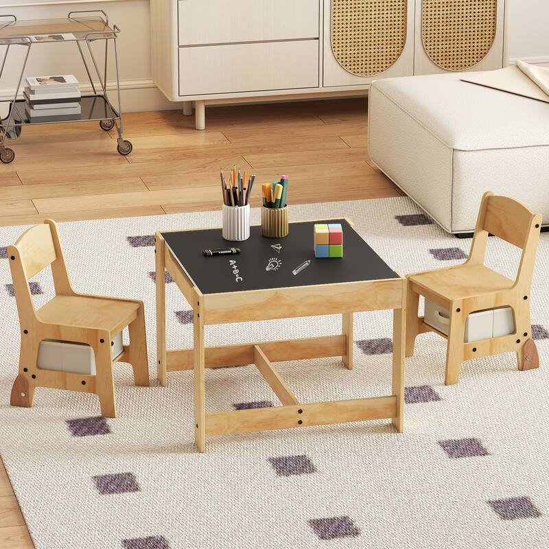 Plywood 3 in 1 Kids Table and Chairs Set with Storage Bins - 24.5" x 24.5" x 19"