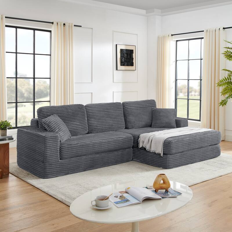 Roomfitters L-Shape Modular Sectional Sofa with Right Chaise, Corduroy Sleeper Couch, Compressed Sofa Bed for Bedroom - Gray