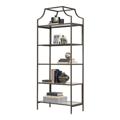 Metal Etagere Bookcase with 5 Safety Tempered Glass Shelves Freestanding Display Rack for Living Room Bedroom Office