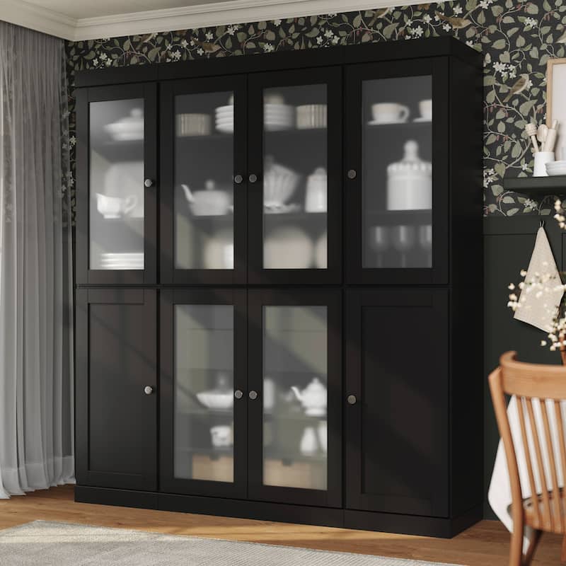 Palace Imports 100% Solid Wood 65" Pantry Cabinet with Frosted Glass, Shaker Doors, 2-Drawers and Adjustable Shelves - Black