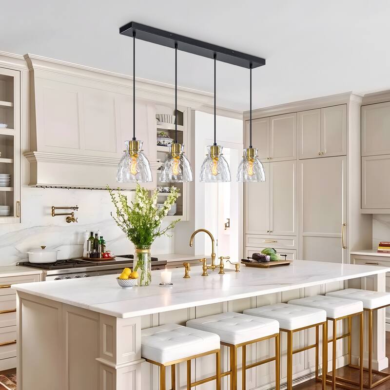 Starsky 4-Light Modern Linear Chandelier Cluster Kitchen Island Light with Hammered Glass Shade - Black&Gold