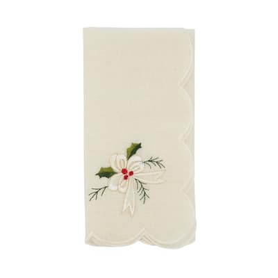 Embroidered Table Napkins With Holly and Ribbon Design (Set of 4)
