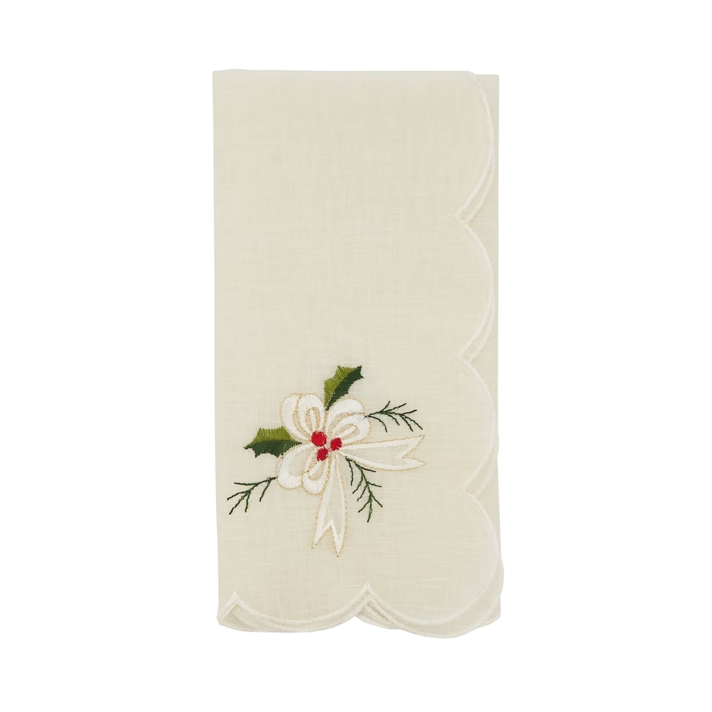 Embroidered Table Napkins With Holly and Ribbon Design (Set of 4)