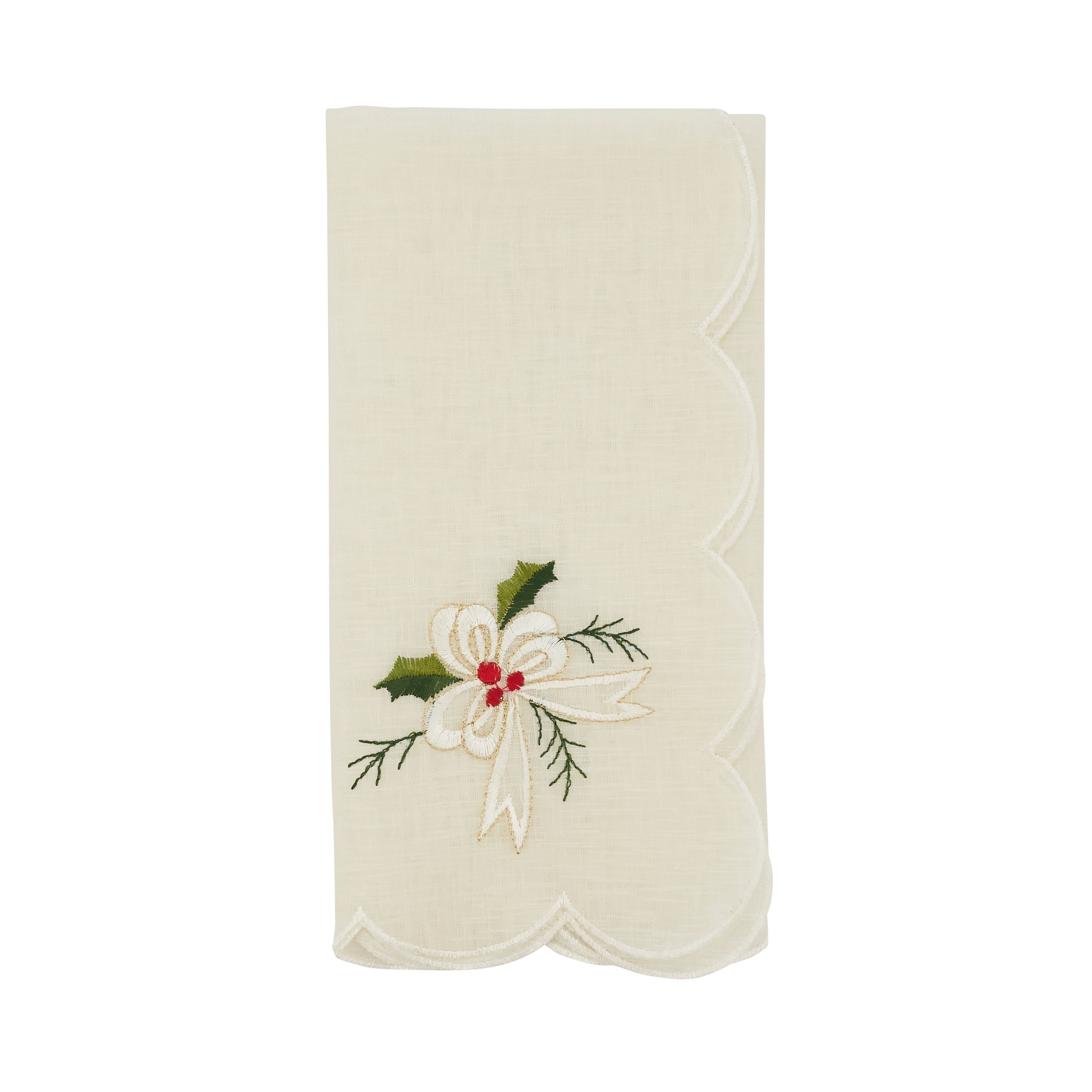 Embroidered Table Napkins With Holly and Ribbon Design (Set of 4)