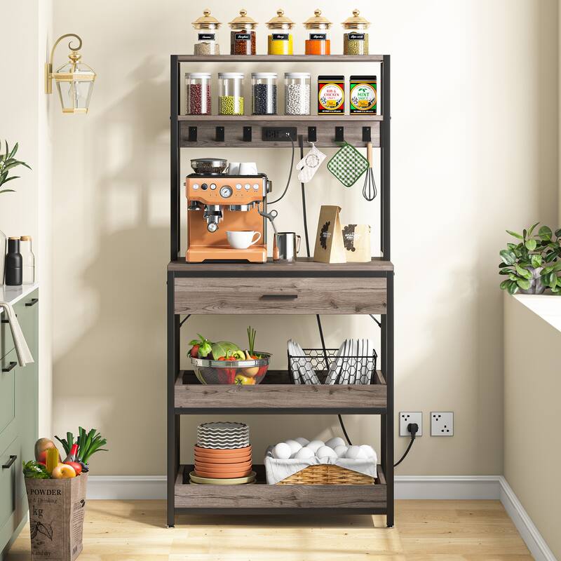 5-Tier Baker's Racks Rack with Power Outlets, Drawer and Sliding Shelves - Rustic Brown & Black