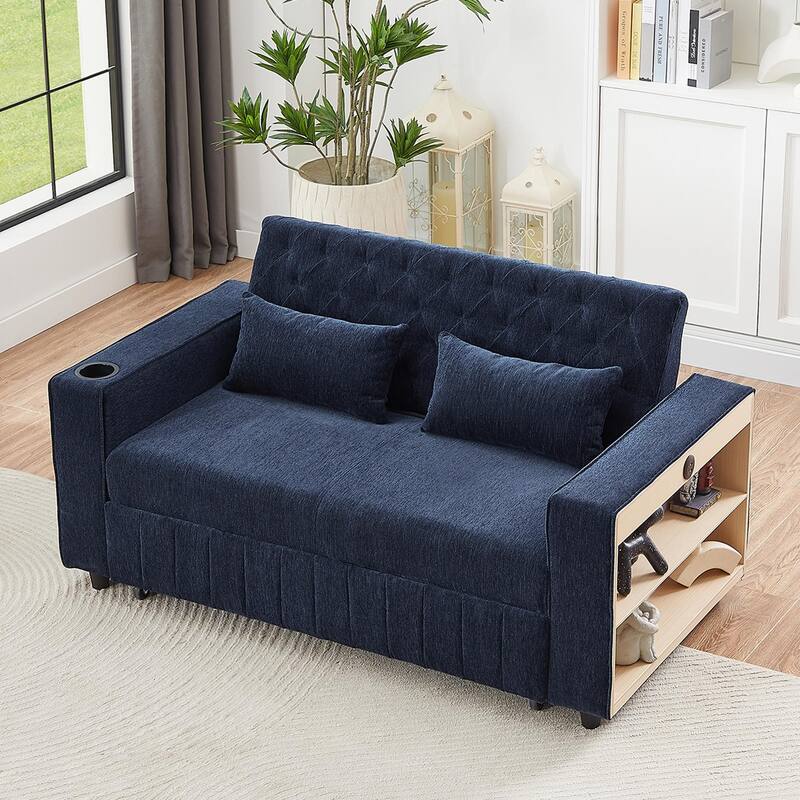 Chenille Pull-out Sofa Bed Convertible Couch, Loveseat Sofa with Adjustable Backrest, Storage Rack, Cup Holders, USB Ports - Blue