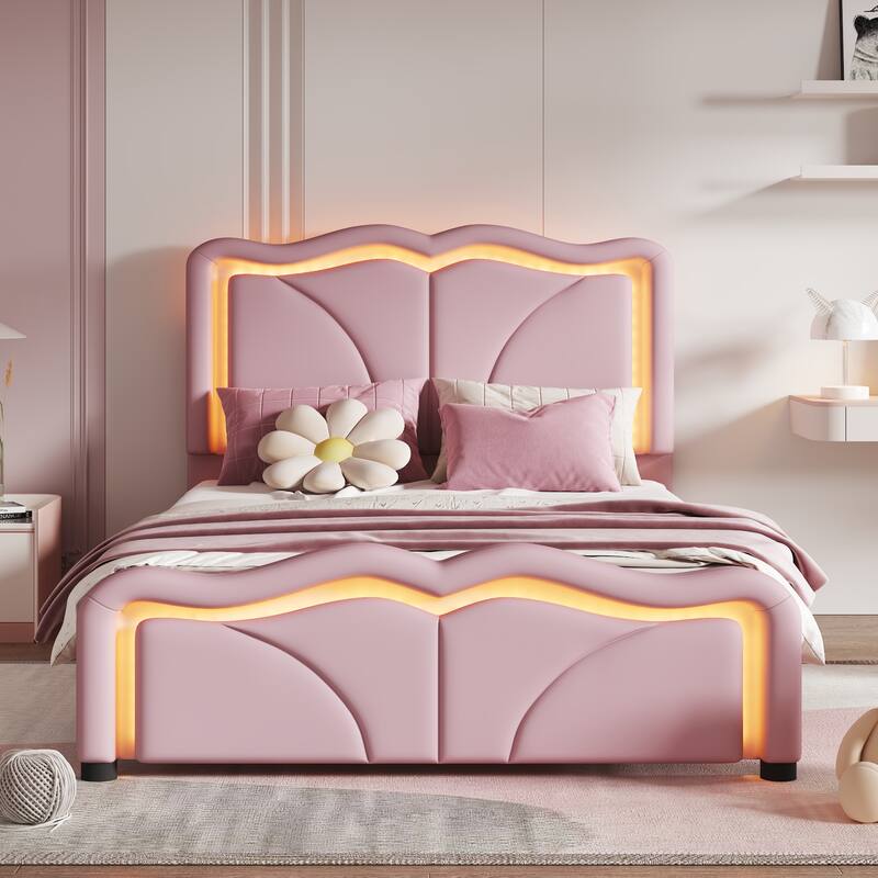 Modern Kids Twin/Full Platform Bed with Adjustable Height PU Headboard, LED Lights, and Sturdy Frame
