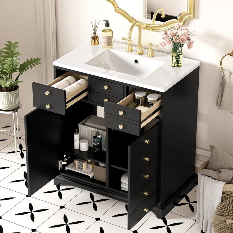 Bathroom Vanity with Ceramic Sink Combo,Solid Wood Frame,Freestanding Vanity Set with 2 Drawers& Soft Closing Doors