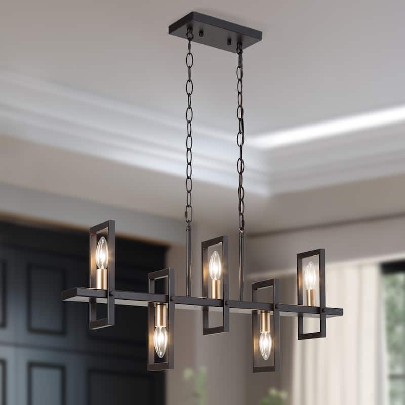 Tinka 32 Inches Modern Farmhouse Linear Black Chandelier 5-Light Geometric Kithen Island Pendant Lights Brass