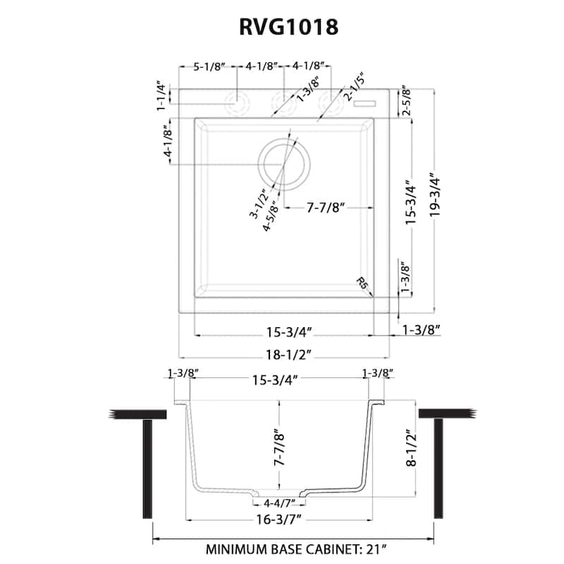Ruvati 18 x 20 inch Drop-in Granite Composite Bar Prep Sink - Midnight Black - RVG1018BK