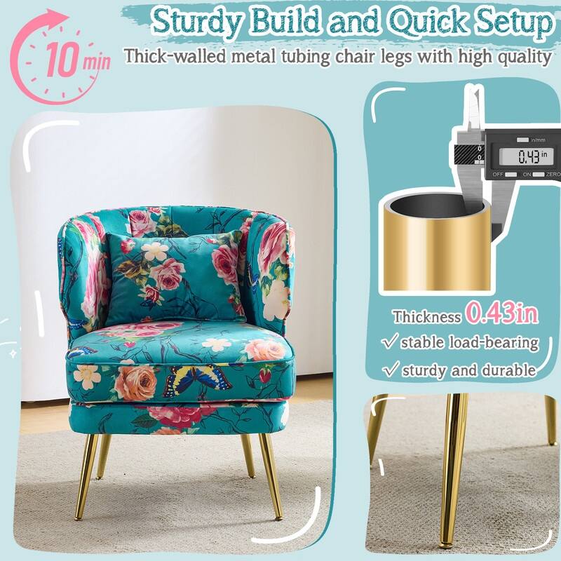 Mid Century Modern Upholstered Reading Chair with Lumbar Pillow, Gold Metal Legs, Small Space Friendly for Living Room Bedroom