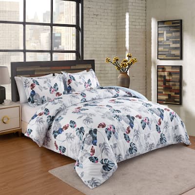 Home Decor Soft Luxury Fluffy Goose Down Alternative Bedding Printed Comforter Set, Modern Green Leaves White Base