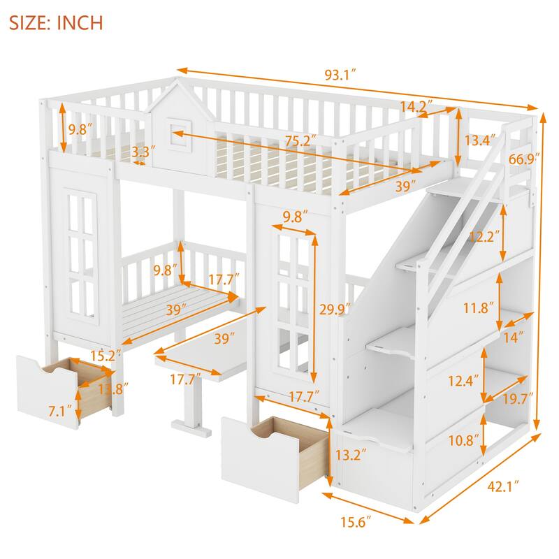 Twin-Over-Twin Bunk Bed with Changeable Table, Bunk Bed Turn into Upper Bed and Down Desk-White