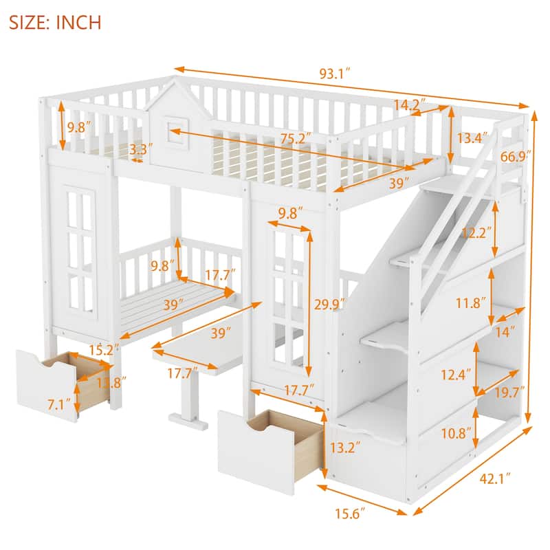 Twin Over Twin Bunk Bed with Convertible Desk, Wood Loft Frame with Fence Headboard, No Box Spring Needed