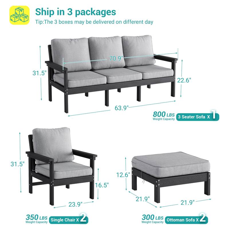 HIPS Outdoor Sofa Set with 3.9 Inch Cushions & Ottoman (Set of 5)