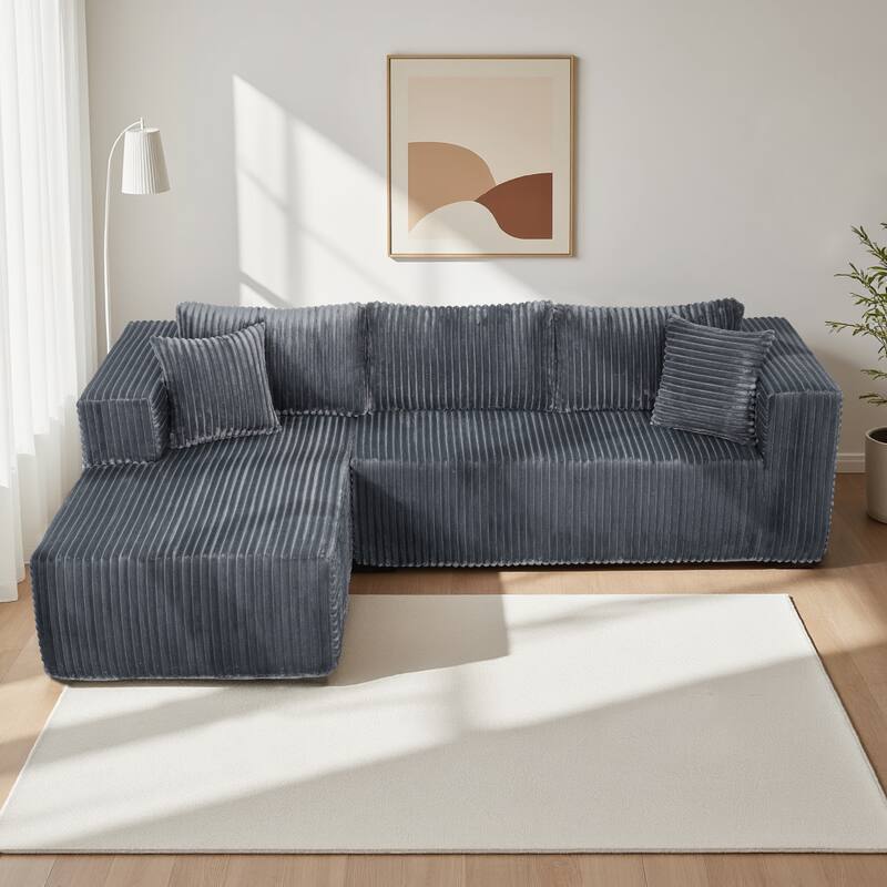 105" Gray L-Shaped Modular Sofa, Foam, 6 Pillows, Space-Saving (Right Chaise)