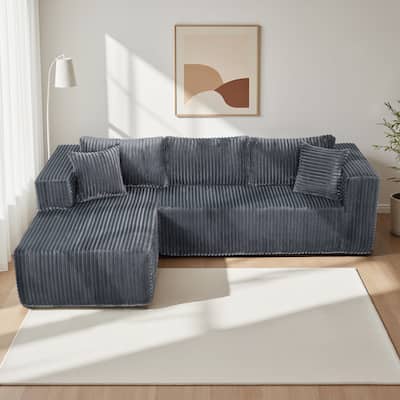 105" Gray L-Shaped Modular Sofa, Foam, 6 Pillows, Space-Saving (Right Chaise)
