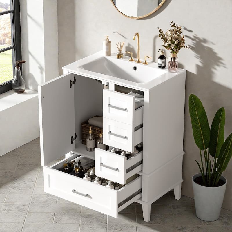 24.8" Bathroom Vanity with Ceramic Sink, Freestanding Cabinet with Soft-Close Door and 3 Drawers, Modern Style