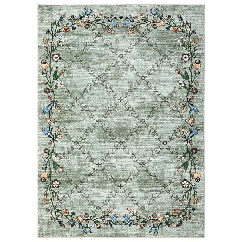 Floral Area Rugs for Living Room Low Pile Non Slip Rugs Washable Soft Foldable Accent Carpet Home Decor