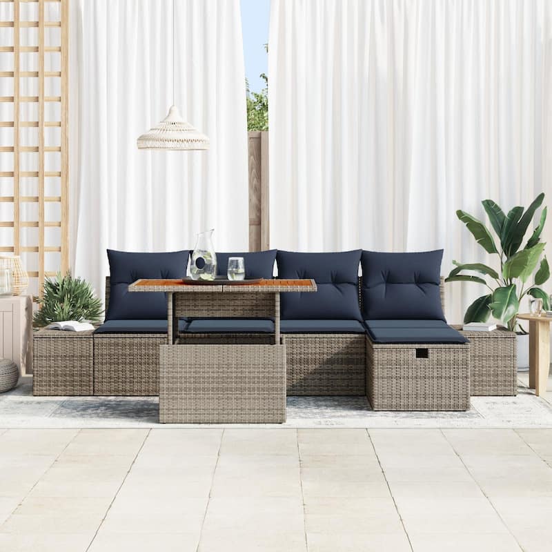 vidaXL 6 Garden Sofa Set with Cushions Black/Grey Poly Rattan - 115.8 x 46.1 x 27.2