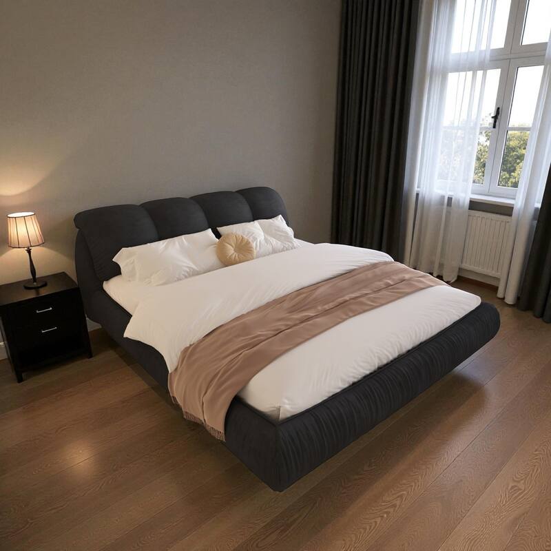 Queen/King Size Luxury Upholstered Platform Bed with Oversized Padded Headboard, Solid Wood Frame & Adjustable Mattress Height