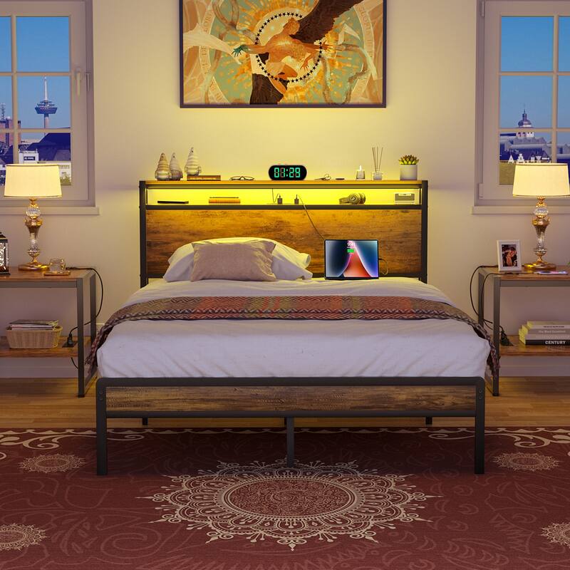 Farmhouse Wood Platform Bed Frame with Charged Station and LED Lights
