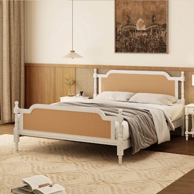 Traditional Queen/King Platform Bed with Curved Rattan Headboard and Footboard, Rustic Solid Wood Bed Frame with Sturdy Slats