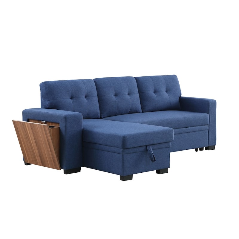Linen L-Shaped Convertible Sectional Sofa Bed with Storage and Wooden Accent