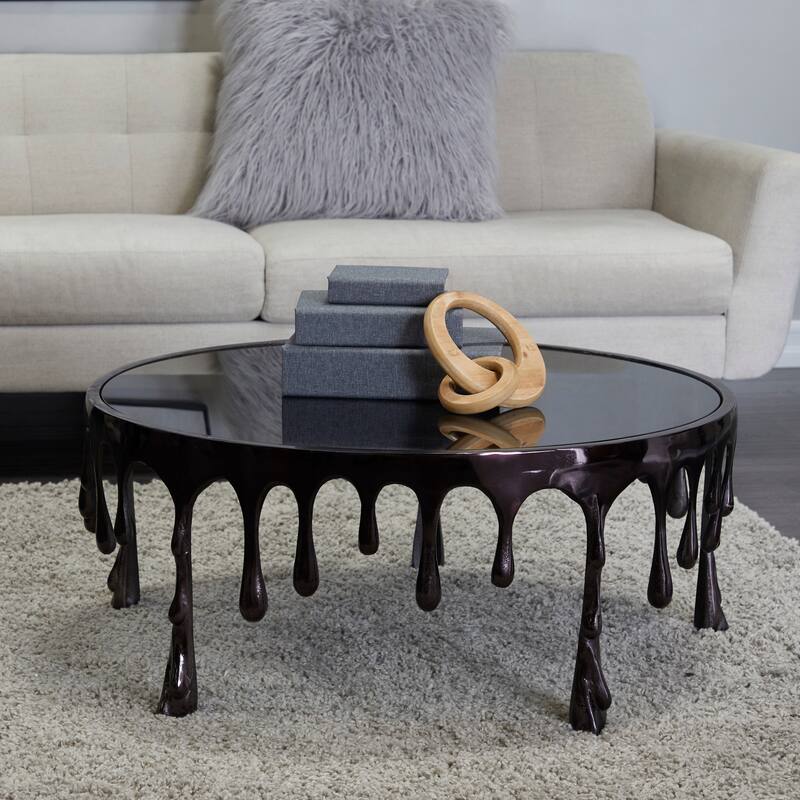 Aluminum Metal Abstract Drip Accent Table with Melting Design and Shaded Glass Top - Roche River Decor