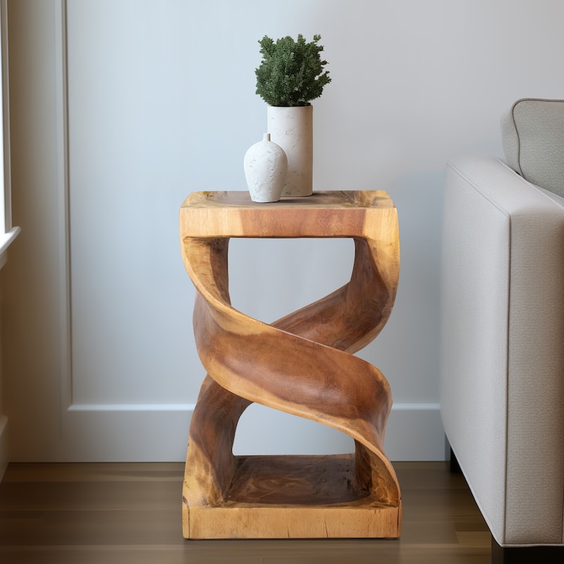 Hand-Carved Suar Wood Twist Accent Table - 18" Brown Side Table for Living Room, Bedroom, or Office - 12" x 12" x 18"