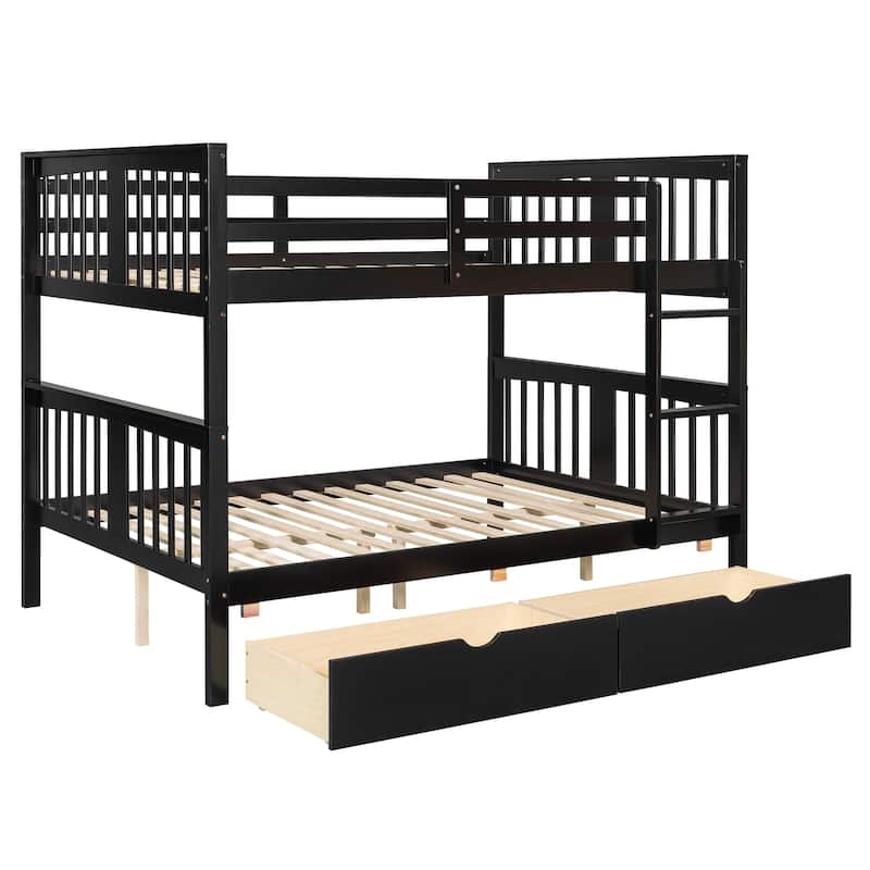 Full Over Full Bunk Bed with Drawers and Ladder, Space-Saving Bedroom Furniture in Espresso