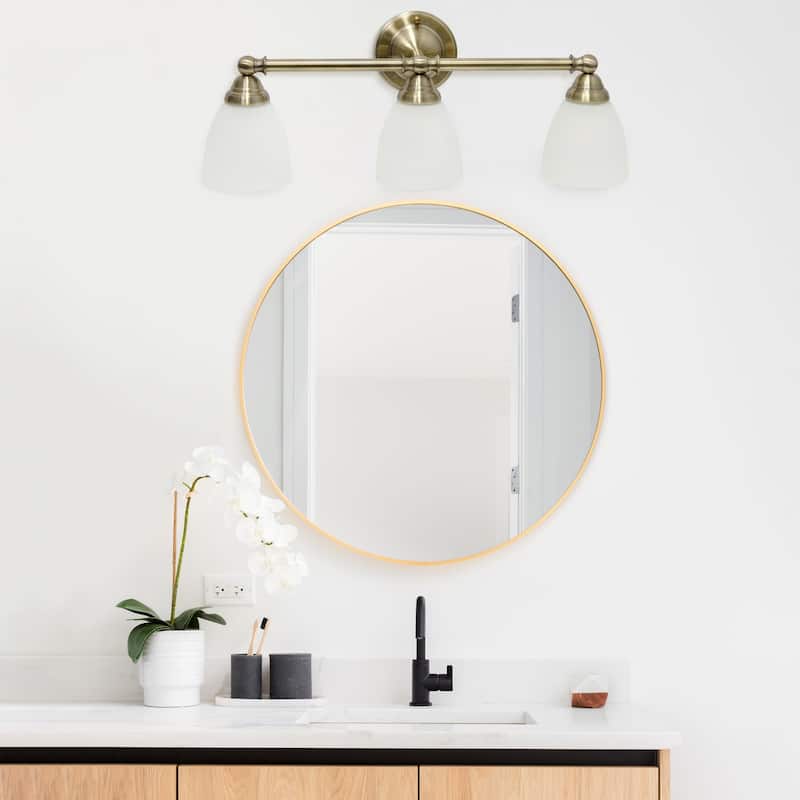 Wall Mounted Three Light Vanity Fixture with Translucent Glass Shade - 25" - Antique Brass and White