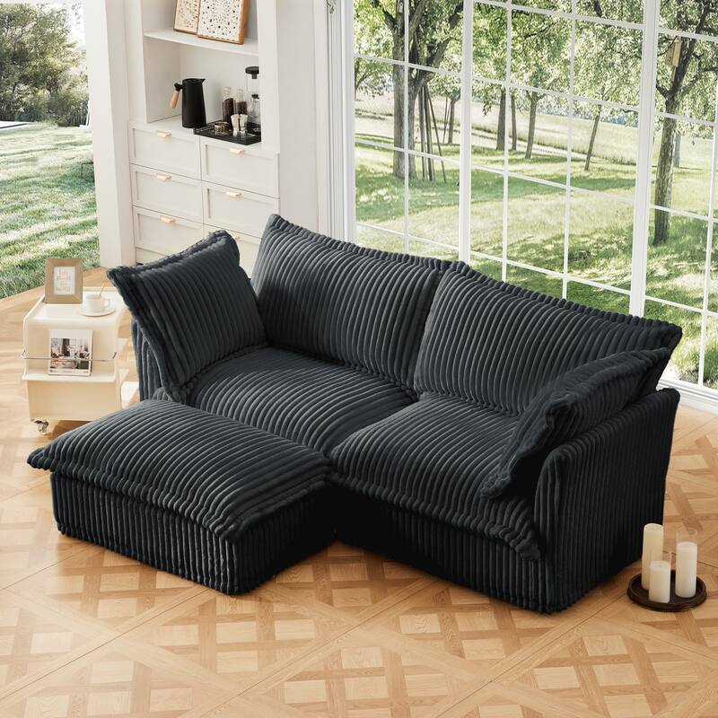 Slipcovered Corduroy 2-Seater Sofa Couch with Convertible Ottoman & Soft Big Pillows